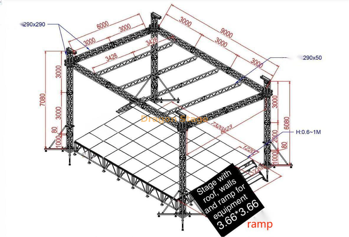 Aluminum Flat Roof Truss Stage with Ramp for Stage Equipment 9x6x7m